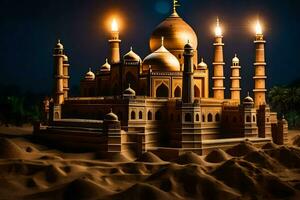 ein Sand Schloss mit drei zündete Kerzen auf oben. KI-generiert foto