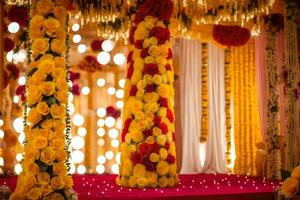 ein Hochzeit Bühne dekoriert mit Gelb und rot Blumen. KI-generiert foto