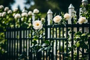 Weiß Rosen sind wachsend auf ein schwarz Zaun. KI-generiert foto