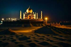 das taj Mahal ist zündete oben beim Nacht im das Wüste. KI-generiert foto