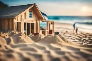 ein Miniatur Haus auf das Strand mit Sand. KI-generiert foto