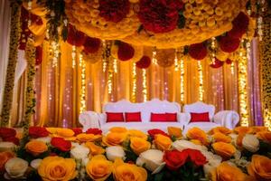 ein Hochzeit Bühne dekoriert mit Gelb und rot Blumen. KI-generiert foto