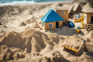 ein Spielzeug Haus auf das Strand mit Sand und Wasser. KI-generiert foto