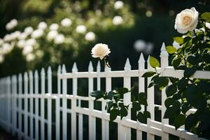 Weiß Zaun mit Rosen im das Hintergrund. KI-generiert foto