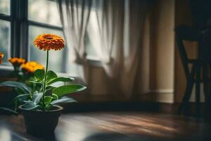 Orange Blume im ein Topf auf ein hölzern Boden. KI-generiert foto