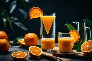 Orange Saft im ein Glas und zwei Brille auf ein Tisch. KI-generiert foto