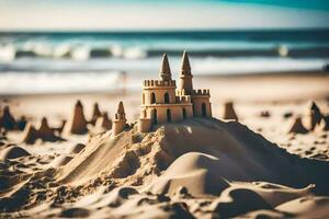 Sand Schloss auf das Strand. KI-generiert foto