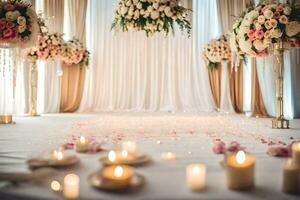 ein Hochzeit Zeremonie mit Kerzen und Blumen. KI-generiert foto