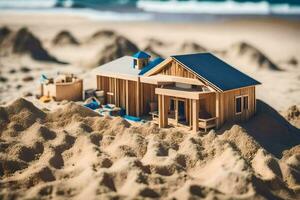 ein Miniatur hölzern Haus auf das Strand. KI-generiert foto