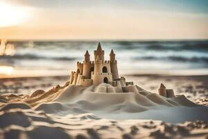 Sand Schloss auf das Strand beim Sonnenuntergang. KI-generiert foto