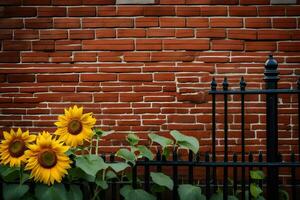 Sonnenblumen im Vorderseite von ein Backstein Mauer. KI-generiert foto