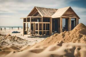 ein hölzern Haus auf das Strand mit Sand. KI-generiert foto