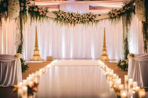 ein Hochzeit Zeremonie mit Kerzen und Blumen. KI-generiert foto