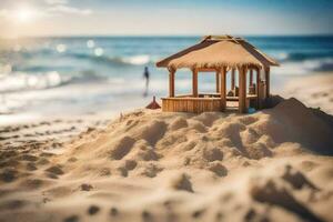 ein klein Hütte auf das Strand mit ein Blau Himmel. KI-generiert foto