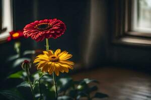 zwei rot und Gelb Blumen im Vorderseite von ein Fenster. KI-generiert foto