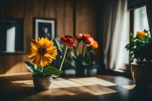 Blumen im ein Vase auf ein hölzern Tisch. KI-generiert foto