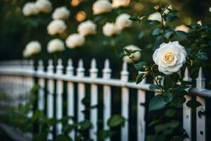 Weiß Rose auf ein Zaun. KI-generiert foto