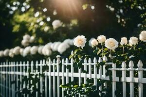 Weiß Rosen sind wachsend auf ein Zaun. KI-generiert foto