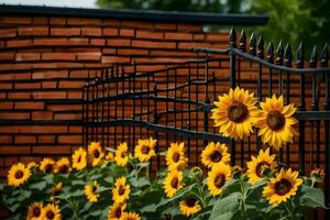 Sonnenblumen im Vorderseite von ein Backstein Mauer. KI-generiert foto