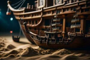 ein Modell- von ein Pirat Schiff im das Sand. KI-generiert foto