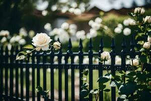 Weiß Rosen sind wachsend auf ein schwarz Zaun. KI-generiert foto