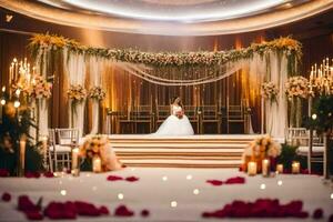 ein Hochzeit Zeremonie ist einstellen oben im ein groß Zimmer. KI-generiert foto