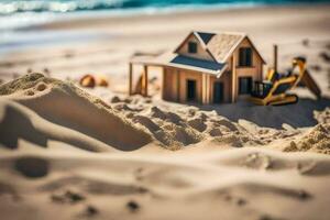 ein Spielzeug Haus auf das Strand mit Sand und Wasser. KI-generiert foto