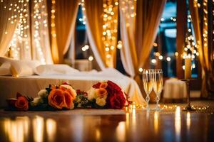 ein Hochzeit Zimmer mit Kerzen und Blumen. KI-generiert foto