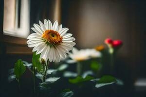 ein Weiß Blume ist Sitzung im Vorderseite von ein Fenster. KI-generiert foto