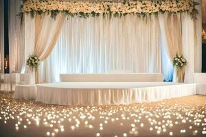 ein Hochzeit Bühne mit Weiß Vorhänge und Kerzen. KI-generiert foto