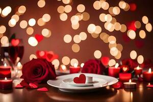 Valentinstag Tag Abendessen Tabelle mit Kerzen und Rosen. KI-generiert foto