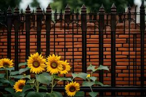 Sonnenblumen im Vorderseite von ein Zaun mit Eisen Riegel. KI-generiert foto