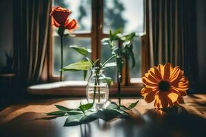 Orange Blumen im Vase auf Tabelle im Vorderseite von Fenster. KI-generiert foto
