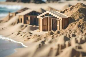 ein Miniatur Strand Hütte ist Sitzung auf das Sand. KI-generiert foto