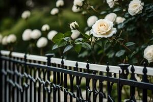 Weiß Rosen sind wachsend auf ein schwarz Zaun. KI-generiert foto