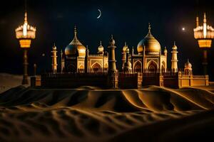 das Mond ist leuchtenden Über ein Moschee im das Wüste. KI-generiert foto