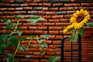 ein Sonnenblume ist wachsend im Vorderseite von ein Backstein Mauer. KI-generiert foto