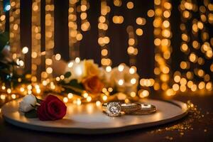 Hochzeit Ringe und Rose auf ein Tabelle mit Beleuchtung. KI-generiert foto