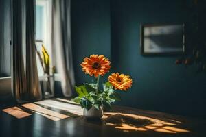 Orange Blumen im ein Vase auf ein Tabelle im Vorderseite von ein Fenster. KI-generiert foto