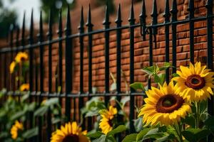 Sonnenblumen im Vorderseite von ein schwarz Eisen Zaun. KI-generiert foto