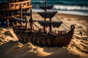 ein Modell- von ein Pirat Schiff auf das Strand. KI-generiert foto