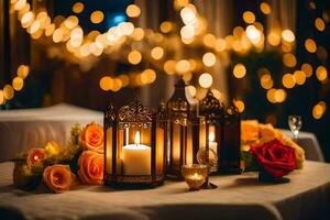 Kerzen und Blumen auf ein Tabelle mit Bokeh Beleuchtung. KI-generiert foto