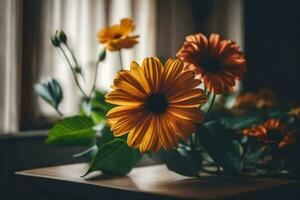 Orange Blumen im ein Vase auf ein Tisch. KI-generiert foto