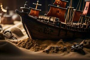 ein Modell- Pirat Schiff ist Sitzung auf Sand. KI-generiert foto