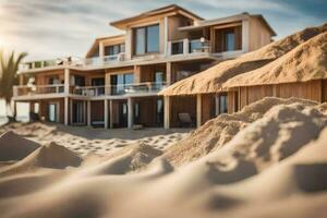 ein Strand Haus mit Sand Dünen im das Hintergrund. KI-generiert foto
