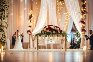 ein Hochzeit Zeremonie ist einstellen oben im ein groß Zimmer. KI-generiert foto