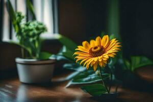 ein Gelb Blume sitzt auf ein Tabelle Nächster zu ein eingetopft Pflanze. KI-generiert foto