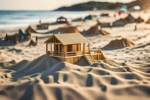 ein Miniatur hölzern Haus auf das Strand. KI-generiert foto