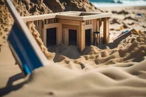 ein hölzern Haus im das Sand mit ein Blau Regenschirm. KI-generiert foto