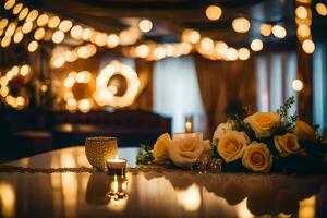 ein Tabelle mit Kerzen und Blumen im Vorderseite von ein Zeichenfolge von Beleuchtung. KI-generiert foto